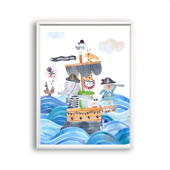 Poster Piraten beertje konijn olifant en dino op de boot licht - piraten thema / Dieren / 40x30cm