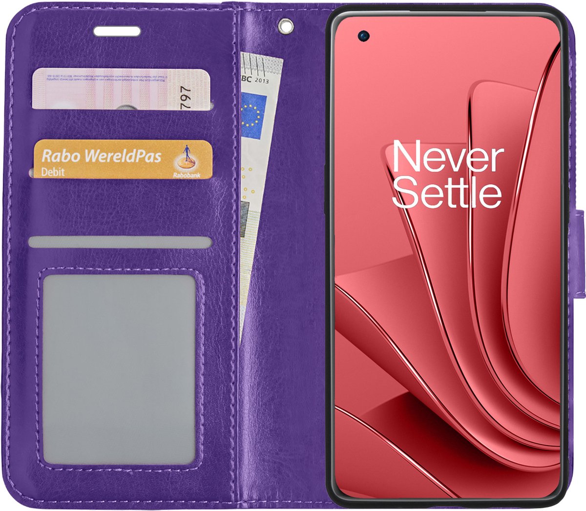 Hoesje - Met Pasjeshouder - Geschikt voor OnePlus 10 Pro - Luxe Bookcase Portemonee - Flip Case - Kunstleer Book Case - Flipcase - Book Cover - Walletcase - Portemonneehoes - Paars