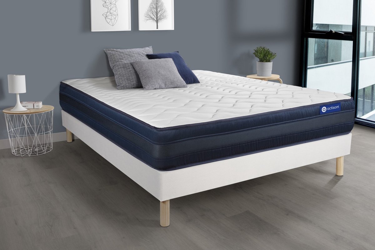 Complete boxspring met matras tweepersoons- Actisom Actiflex tech wit - Pocketveren en traagschuim - 160 x 220 cm