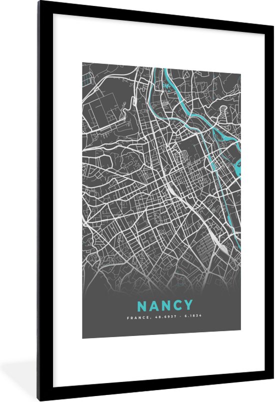 Fotolijst incl. Poster - Nancy - Frankrijk - Plattegrond - Kaart - Stadskaart - 80x120 cm - Posterlijst