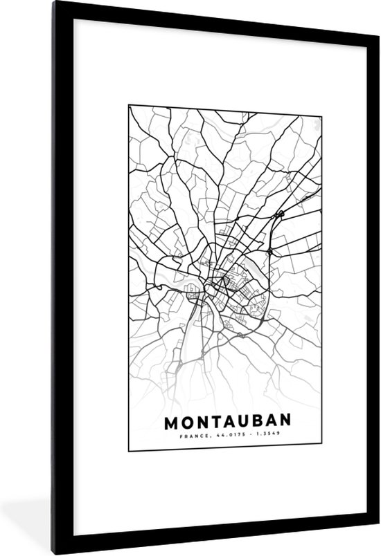 Fotolijst incl. Poster Zwart Wit- Frankrijk - Kaart - Montauban - Plattegrond - Stadskaart - Zwart wit - 80x120 cm - Posterlijst