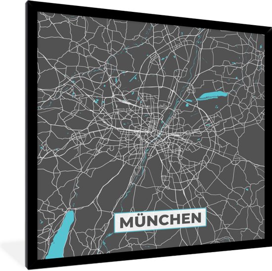Fotolijst incl. Poster - München – Stadskaart – Blauw – Plattegrond – Stadskaart – Kaart - Duitsland - 40x40 cm - Posterlijst