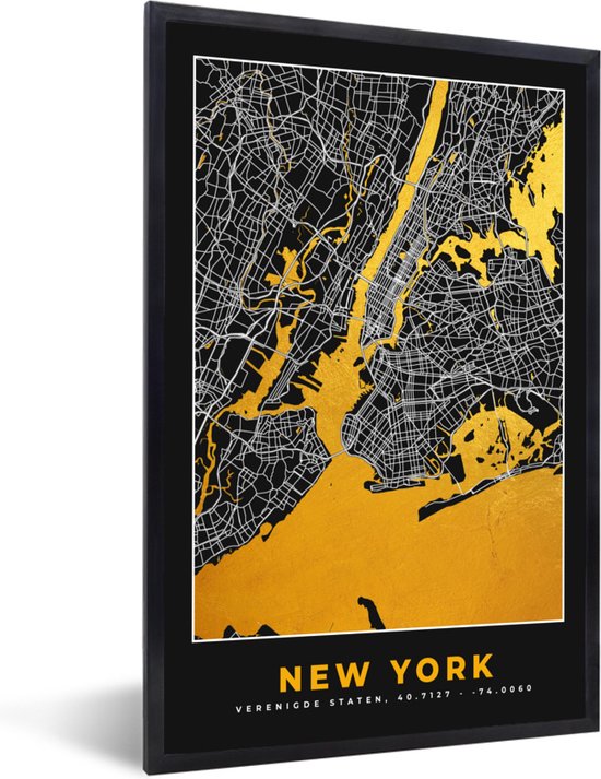 Fotolijst incl. Poster - New York - Stadskaart - Goud - Kaart - Plattegrond - 20x30 cm - Posterlijst