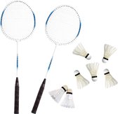 Badminton set blauw/wit met 7x shuttles en opbergtas voor volwassenen