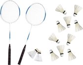 Badminton set blauw/wit met 12x shuttles en opbergtas voor volwassenen