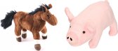 Pluche knuffel boerderijdieren set Varken en Paard van 20 cm - Zachte kinder knuffels