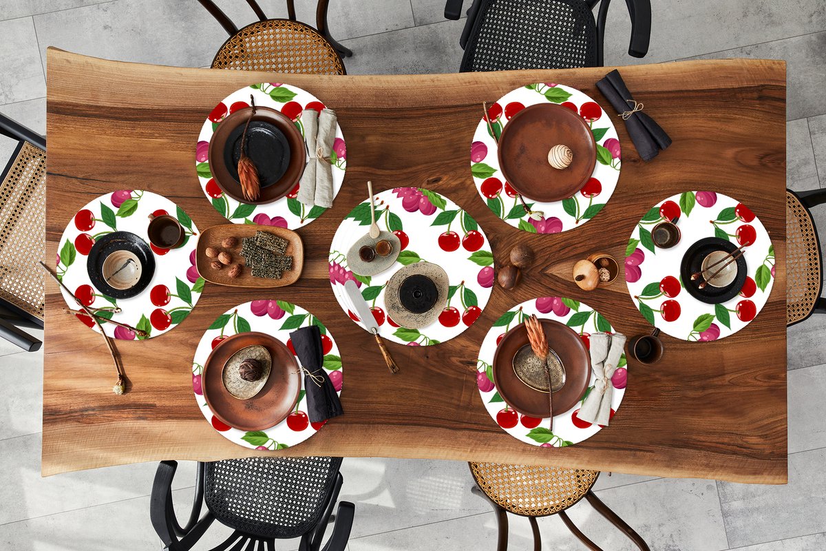 Ronde placemats - Onderlegger - Placemats rond - Kersen - Patronen - Fruit - 10 stuks