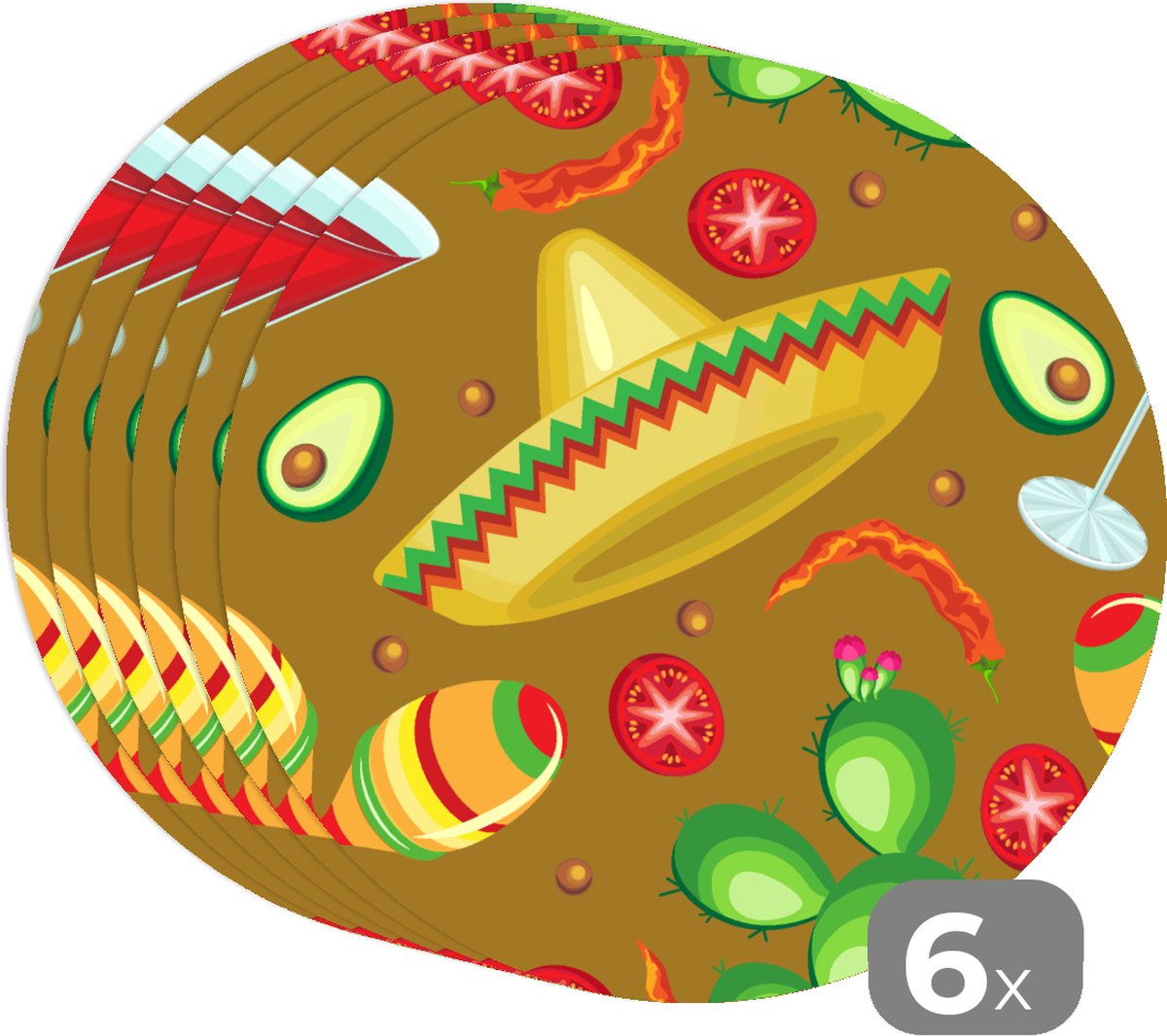 Ronde placemats - Onderlegger - Placemats rond - Mexico - Sombrero - Patronen - 6 stuks