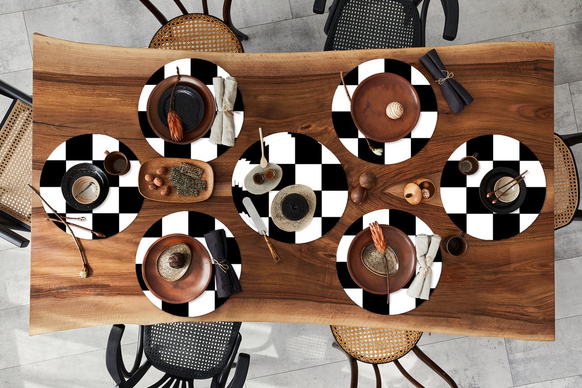 Ronde placemats - Onderlegger - Placemats rond - Schaakbord - Patronen - Zwart Wit - 10 stuks