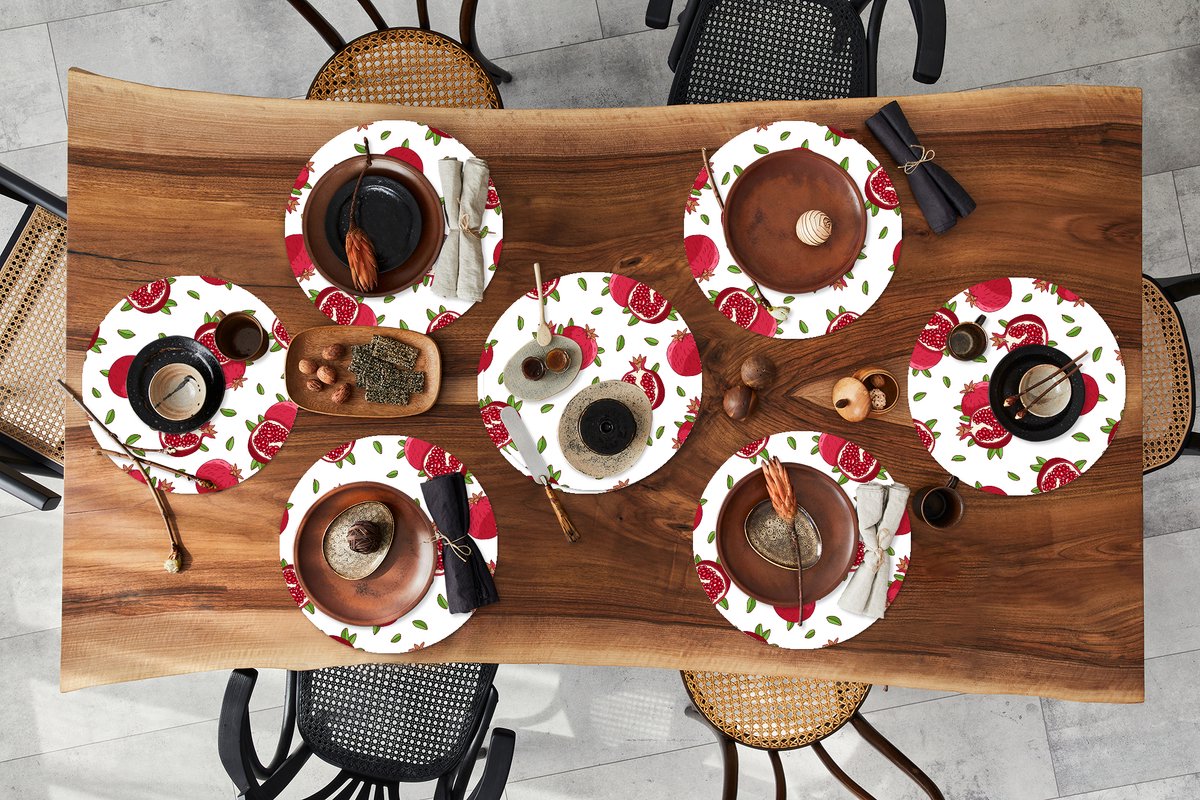 Ronde placemats - Onderlegger - Placemats rond - Fruit - Bladeren - Patroon - Granaatappel - 8 stuks