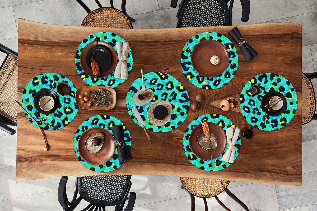 Ronde placemats - Onderlegger - Placemats rond - Panterprint - Neon - Dieren - Design - 10 stuks