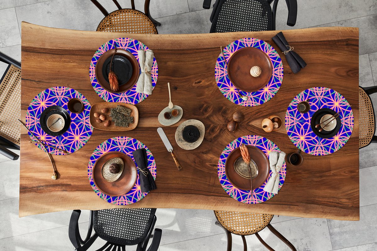 Ronde placemats - Onderlegger - Placemats rond - Bloemen - Neon - Patroon - 6 stuks