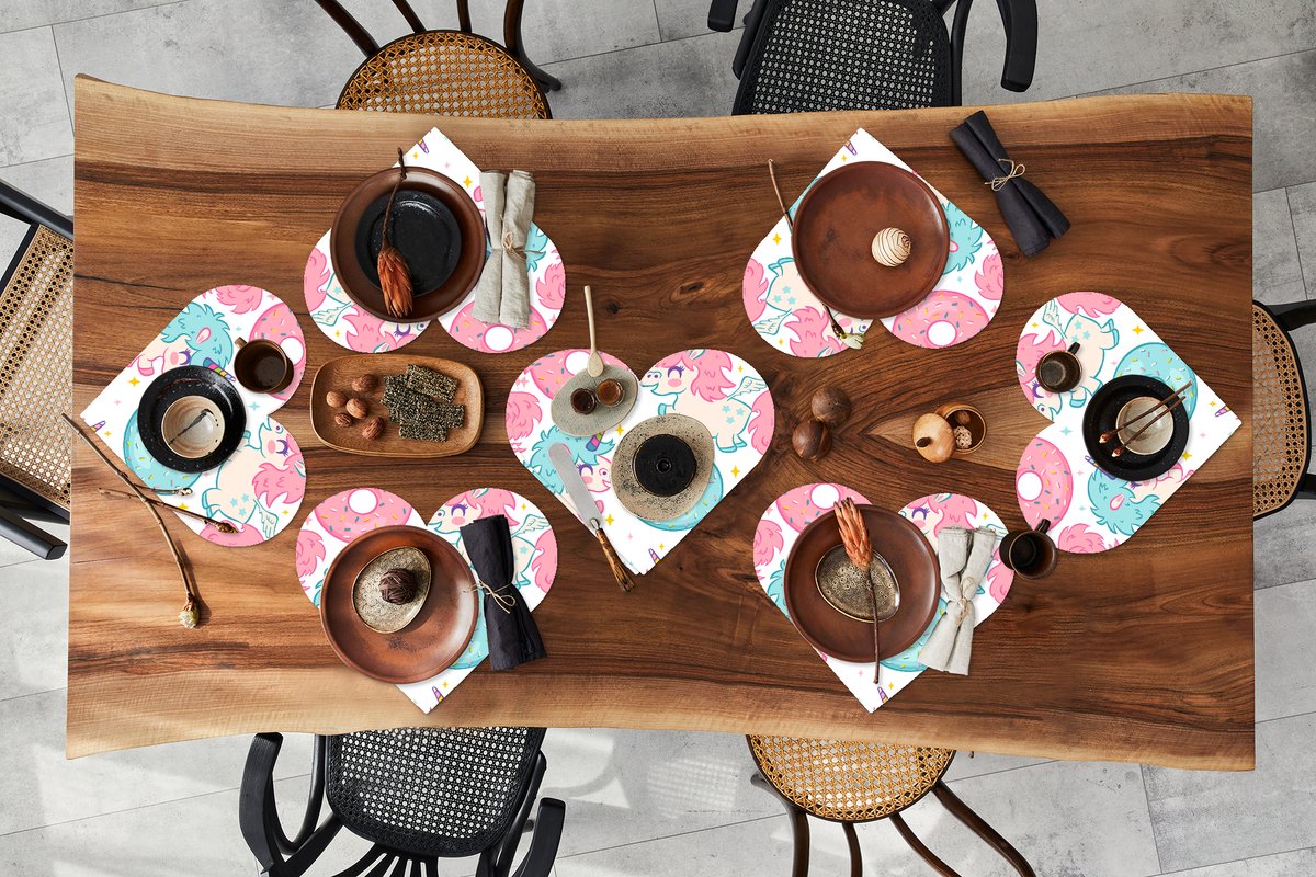 Onderleggers - Placemats - Placemats hartje - Eenhoorn - Donut - Baby - 8 stuks