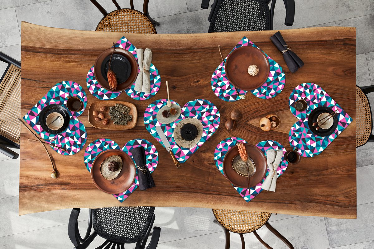 Onderleggers - Placemats - Placemats hartje - Geometrie - Roze - Blauw - Wit - Patronen - 8 stuks
