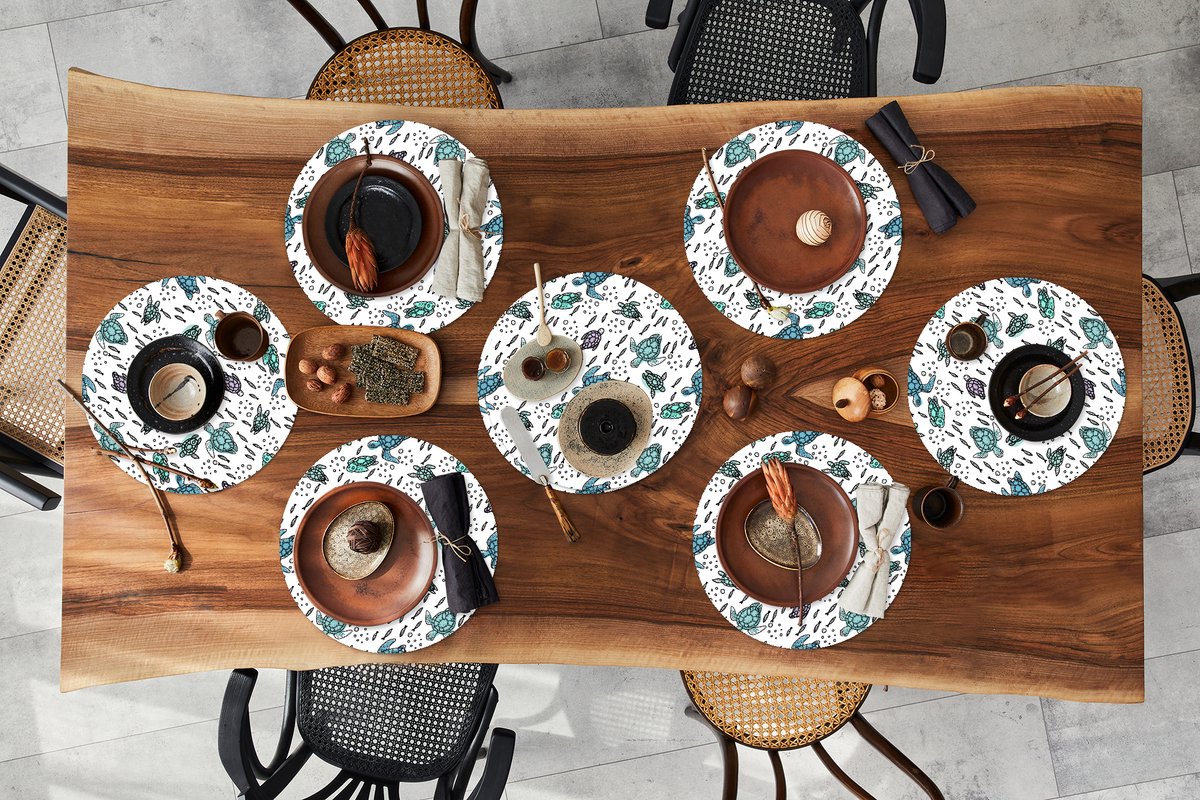 Ronde placemats - Onderlegger - Placemats rond - Patronen - Schildpad - Vissen - 8 stuks
