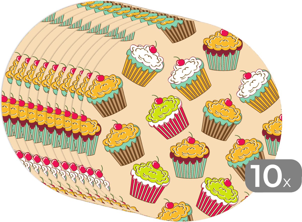 Ronde placemats - Onderlegger - Placemats rond - Patronen - Eten - Cupcake - 10 stuks