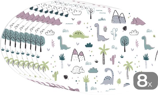 Placemats ovaal - Onderleggers - Ovale placemats - Patroon - Dinosaurus - Kinderen - Baby - Jongens - Meisjes - Kindje - 8 stuks