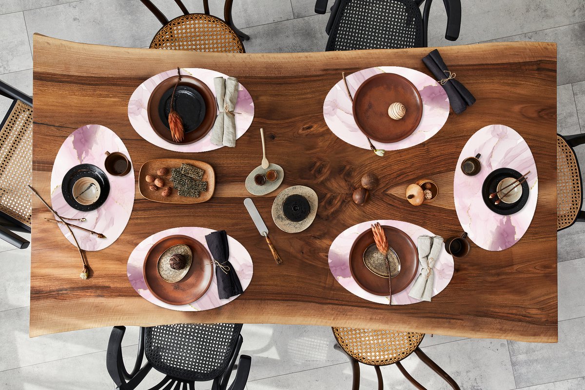 Placemats ovaal - Onderleggers - Ovale placemats - Marmer print - Paars - Goud - 6 stuks