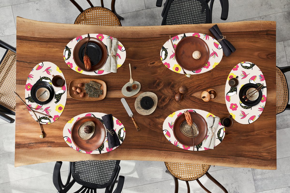 Placemats ovaal - Onderleggers - Ovale placemats - Patronen - Vogel - Bloemen - 6 stuks