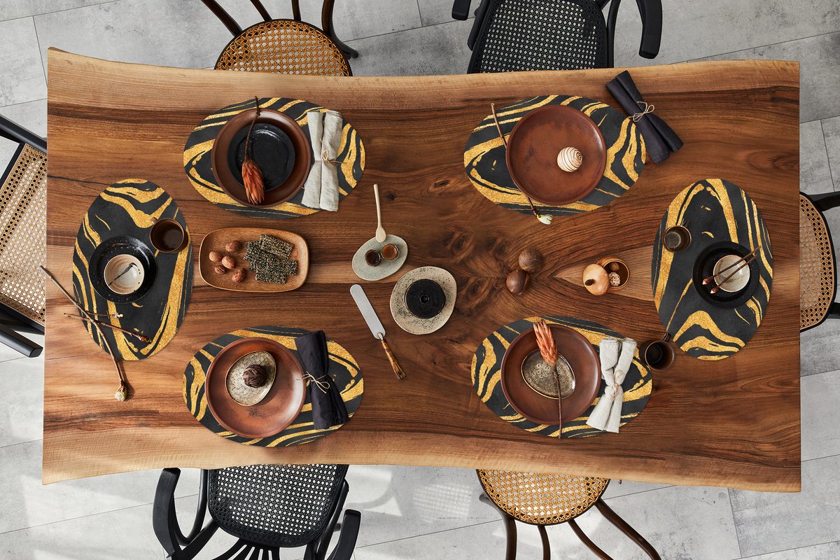 Placemats ovaal - Onderleggers - Ovale placemats - Goud - Zwart - Abstract - 6 stuks