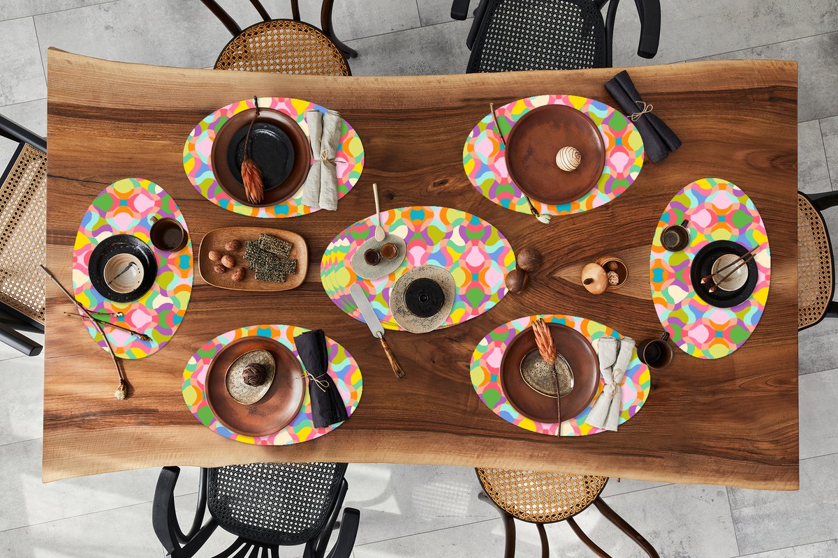 Placemats ovaal - Onderleggers - Ovale placemats - Design - Abstract - Kleuren - Retro - 10 stuks