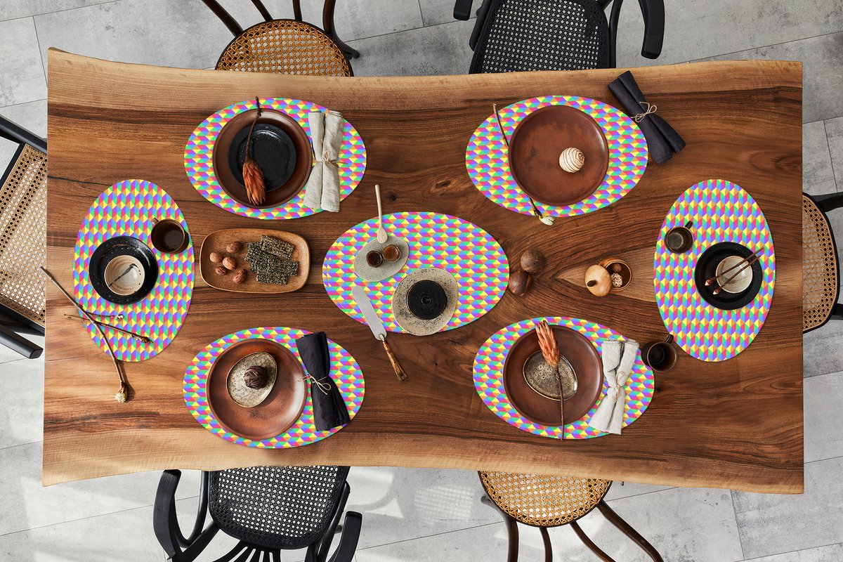 Placemats ovaal - Onderleggers - Ovale placemats - Hexagon - Regenboog - Patroon - 8 stuks