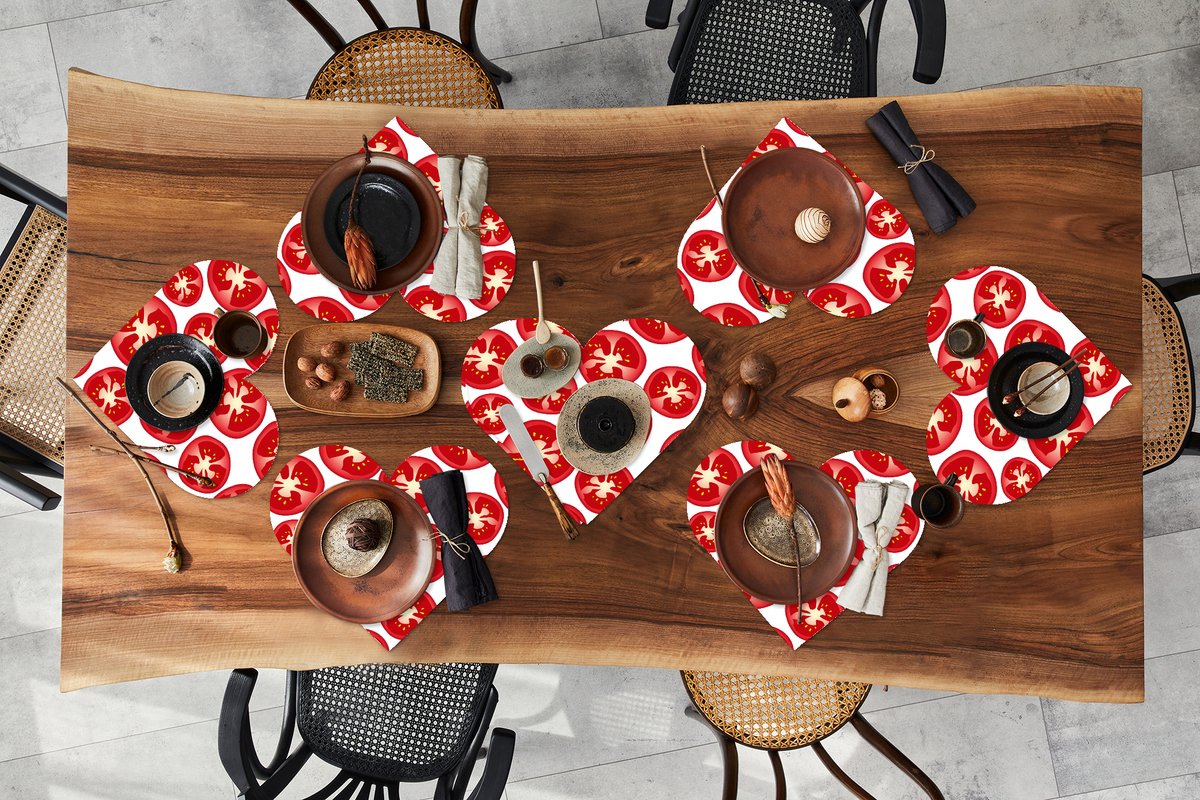 Onderleggers - Placemats - Placemats hartje - Tomaat - Patroon - Fruit - Groente - 8 stuks