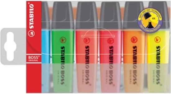 STABILO BOSS ORIGINAL etui met 6 markeerstiften: lichtblauw, groen, oranje, rood, roze, geel.