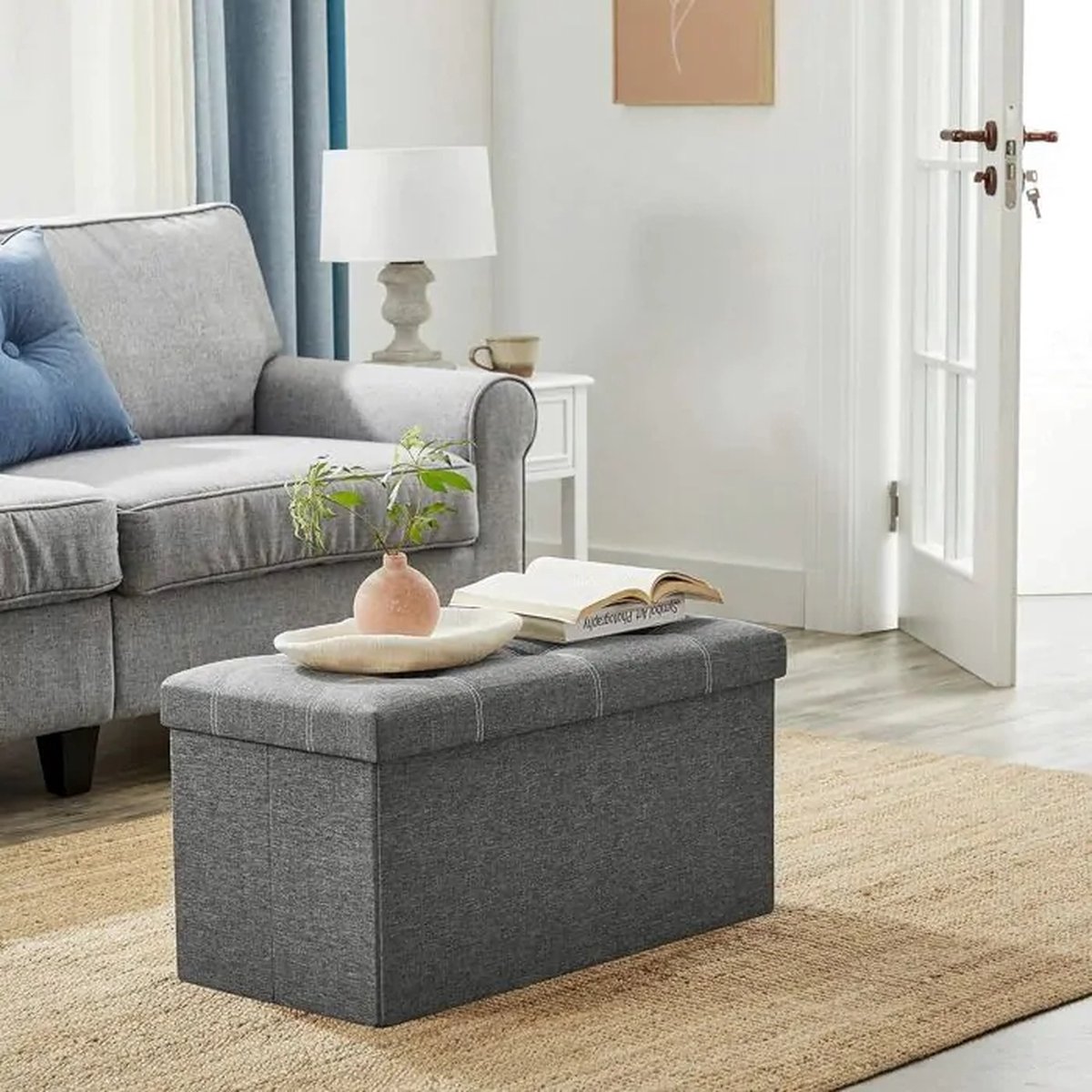 Hoppa! Zitbank met opbergruimte, zitkist, zitkruk, opvouwbaar, 76 x 38 x 38 cm, overtrek van imitatielijnen, voor slaapkamer, hal, woonkamer, donkergrijs