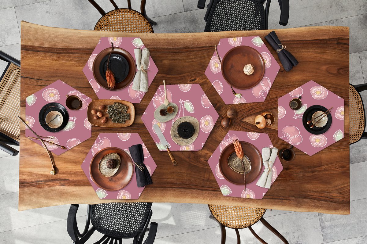 Placemats hexagon - Onderleggers placemats - Placemat zeshoek - Design - Kers - Patroon - 8 stuks