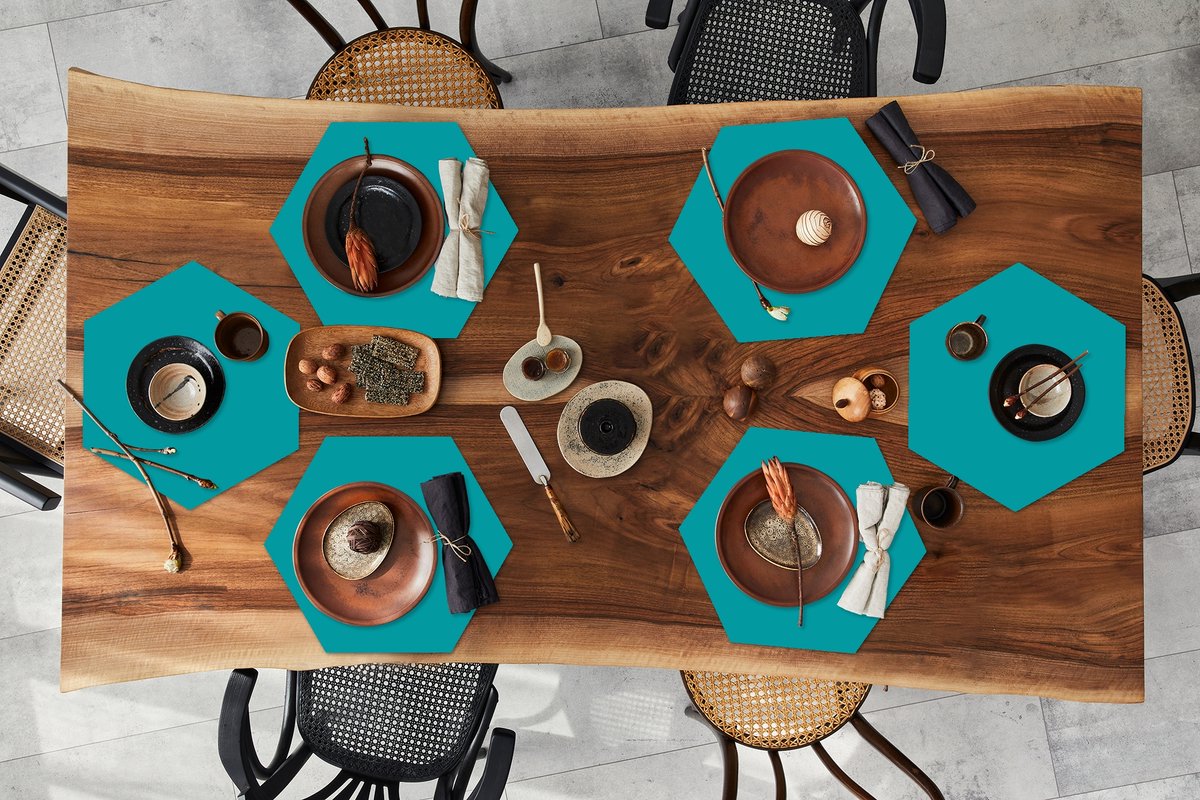 Placemats hexagon - Onderleggers placemats - Placemat zeshoek - Blauw - Effen kleur - 6 stuks