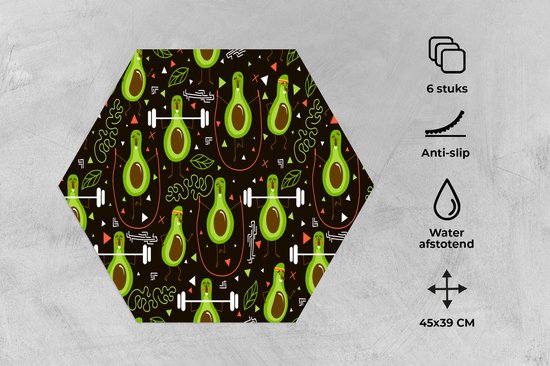 Placemats hexagon - Onderleggers placemats - Placemat zeshoek - Avocado - Fitness - Patronen - 6 stuks