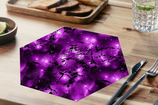 Placemats hexagon - Onderleggers placemats - Placemat zeshoek - Sterrenhemel - Marmer print - Paars - Zwart - Patronen - 6 stuks