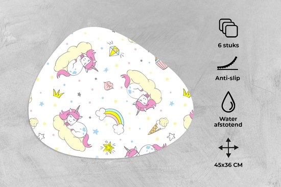 Set de table bio - Napperons bio - Sets de table - Licorne - Motifs - Arc-en-ciel - 6 pièces