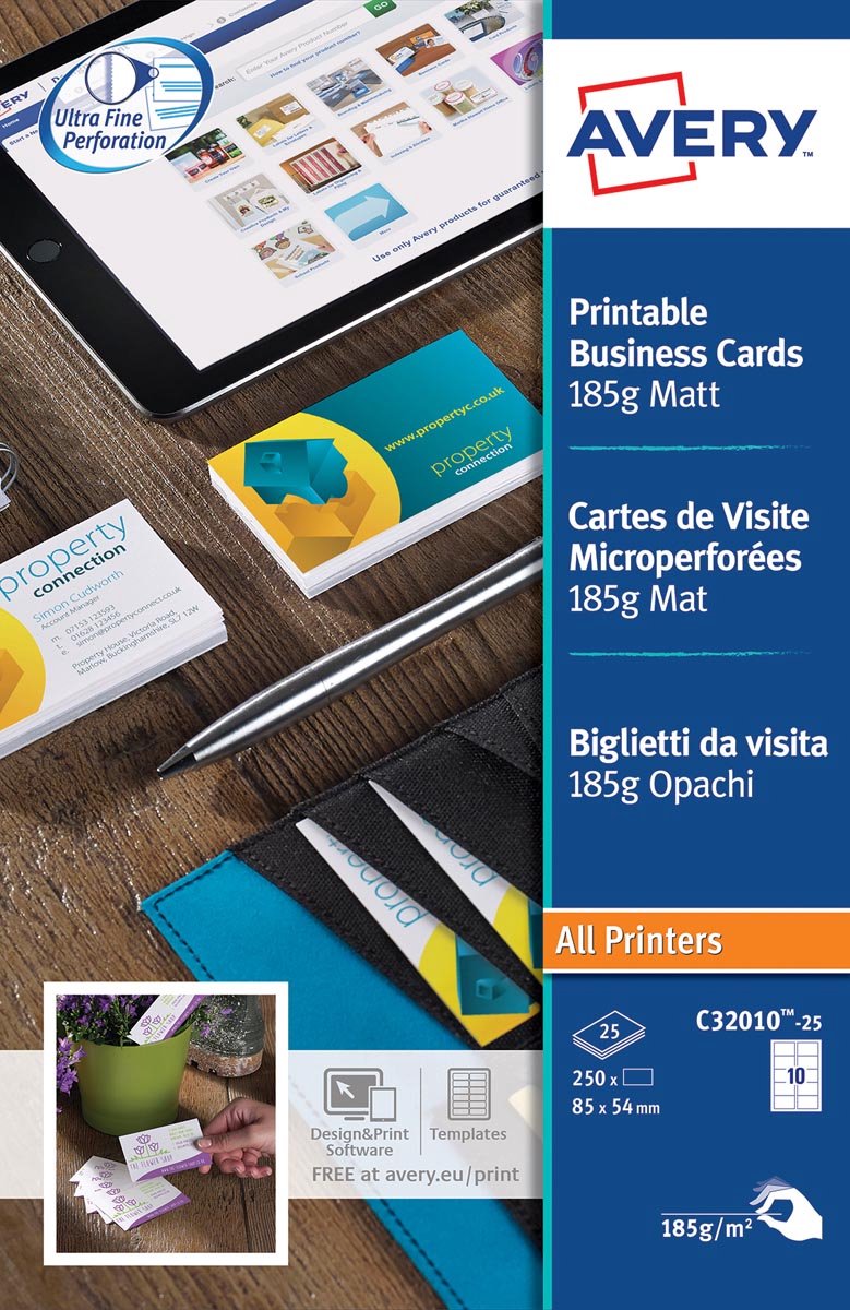 AVERY visitekaarten 185 g/m², 10 per blad, 250 stuks 5 stuks