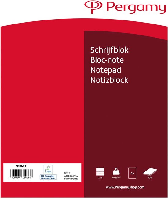 Foto: Pergamy schrijfblok 60 g m ft a4 100 vel geruit 5 mm
