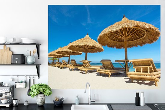 Stickers muraux - Chaise de Plage - Plage - Parasol - Mer - Été - 160x120 cm - Film Adhésif XXL