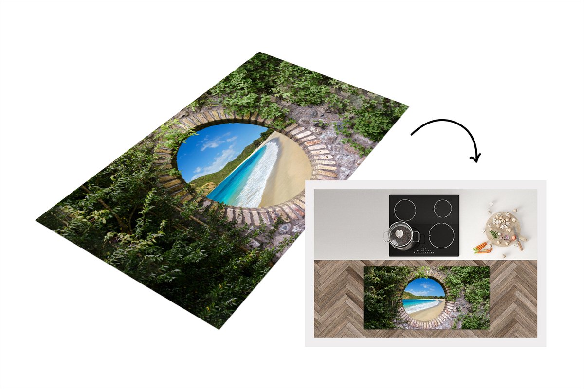 KitchenYeah Keukenloper - Loper keuken - Strand - Zee - Doorkijk - 120x60 cm - Keukenloper vinyl Multicolor