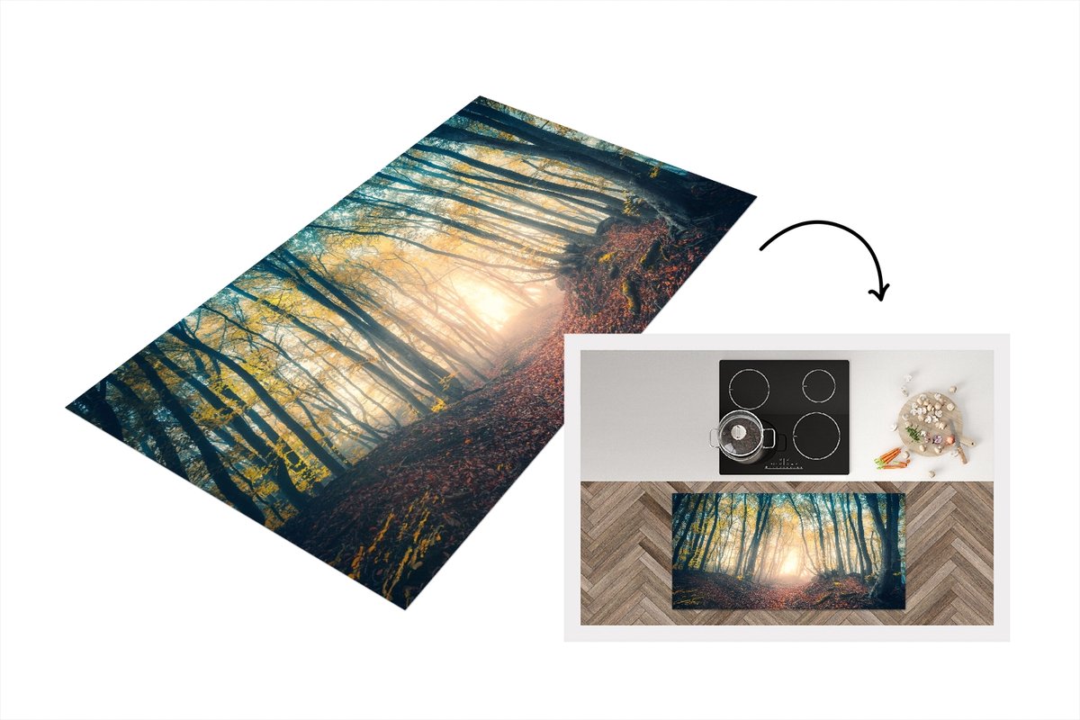 KitchenYeah Keukenloper - Loper keuken - Bos - Mist - Zon - Herfst - 120x60 cm - Keukenloper vinyl Multicolor