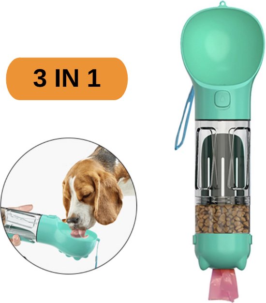 RoiPets® 3 in 1 Honden Drinkfles - 350ml - Incl. Poepzakjes & Polsband- Lek Vrij - Voor Onderweg - Honden Bidon - Waterfles
