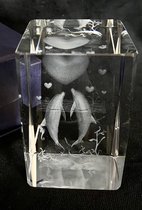 kristal glas laserblok met 3D afbeelding van 2 Dolfijnen  met Hart #Love 5x8cm