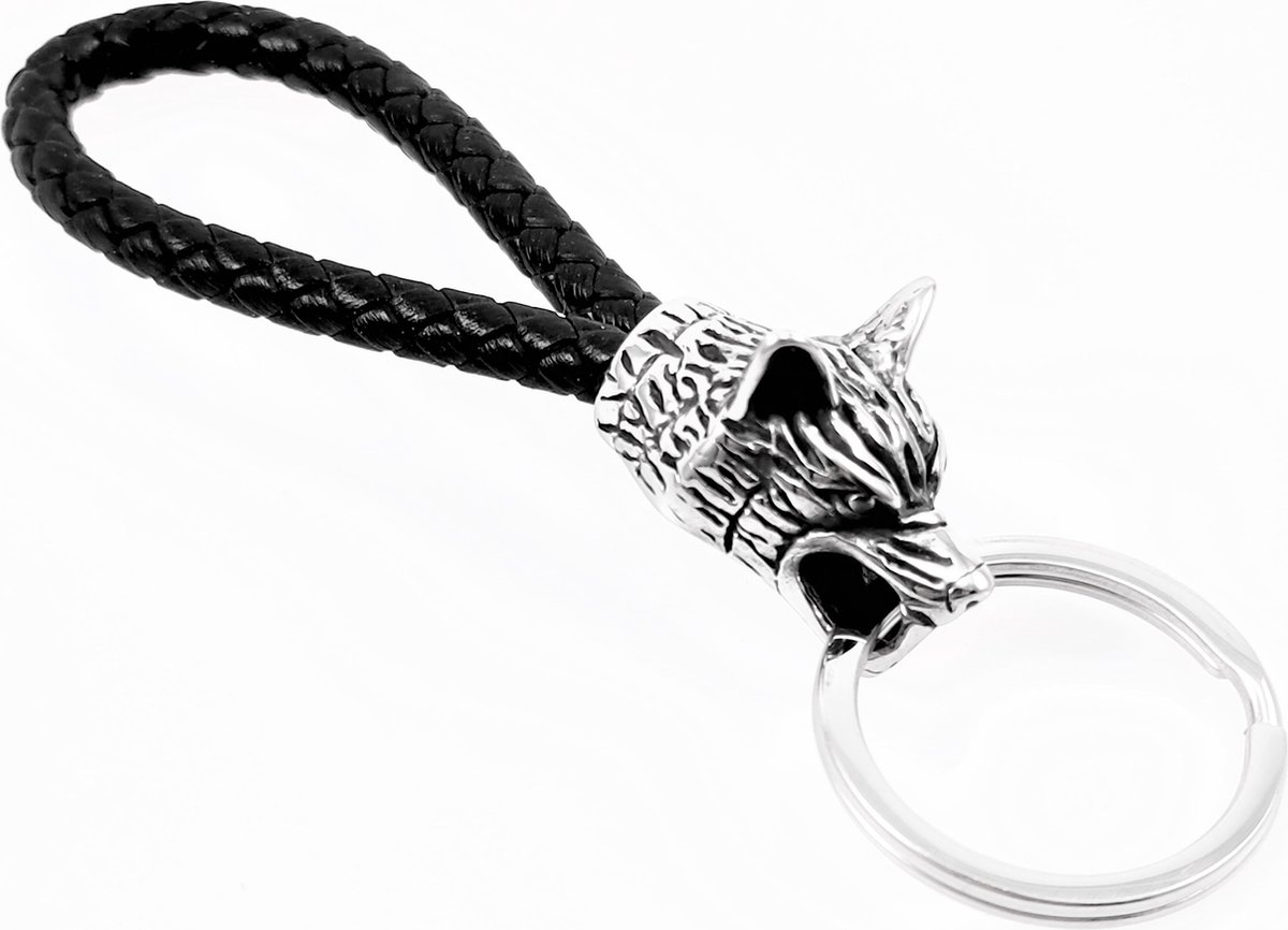 Leren Sleutelhanger met RVS-Wolfkop