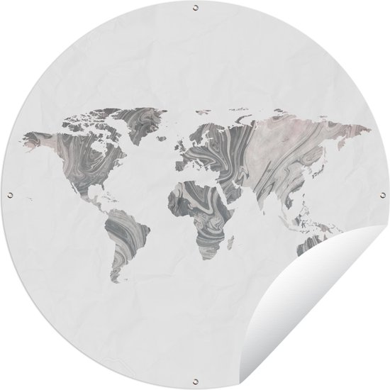 Tuincirkel Wereldkaart - Grijs - Roze - 60x60 cm - Ronde Tuinposter - Buiten