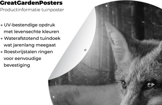 Garden Circle Animaux - Renard - Forêt - Zwart - Wit - 90x90 cm - Affiche de jardin ronde - Extérieur