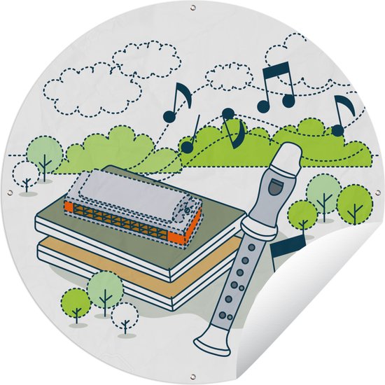 Cercle de jardin dessin d'une flûte avec des arbres et des notes de musique - 150x150 cm - Affiche ronde de jardin - Extérieur