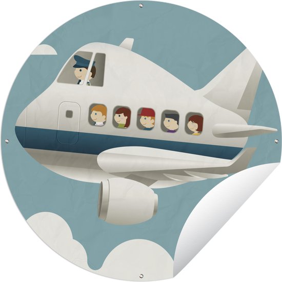 Tuincirkel Een illustratie van een piloot met passagiers in een vliegtuig - 60x60 cm - Ronde Tuinposter - Buiten