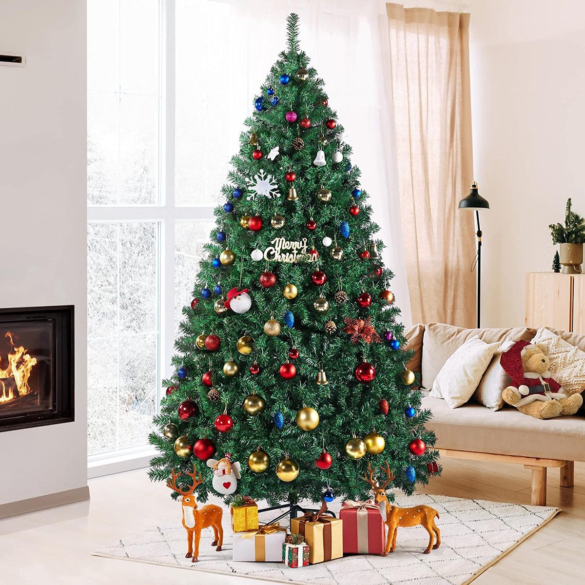 FURNIBELLA - Kunstkerstboom 219 cm (Ø ca. 128 cm) met ca. 1446 punten, dennenboom van sparrenhout, incl. metalen kerstboomstandaard, snelmontage, inklapbaar