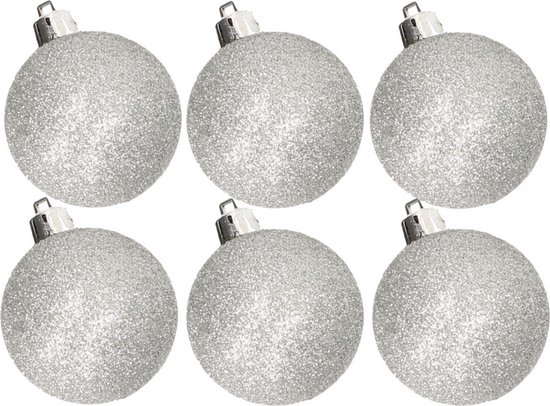 6x stuks kunststof glitter kerstballen zilver 6 cm - Onbreekbare plastic kerstballen