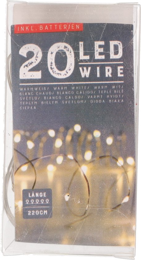 Draadverlichting - zilver- 20 LED - warm wit - 220 cm - kleine batterij houder