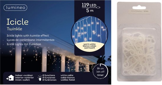 IJspegel verlichting warm wit buiten 119 lampjes met dakgoot haakjes - Lichtsnoeren - Kerstverlichting